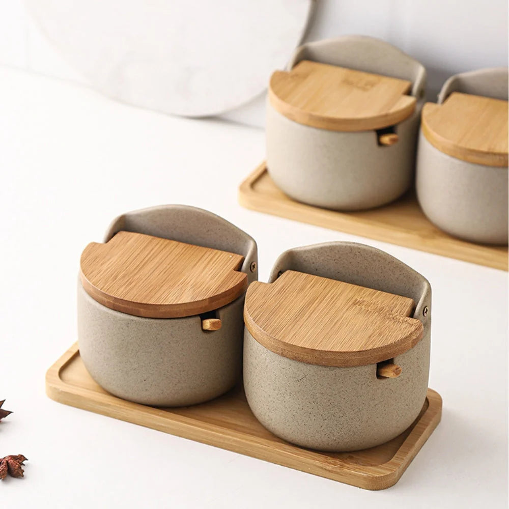 Kora Kruidenpotjes Set - Keramiek met Bamboe Deksels en Houten Dienblad 6