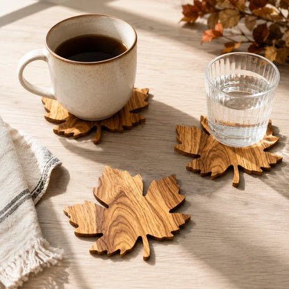 Liora Onderzetters voor Glazen - Houten, Bladvormig Design, Set van 3 2