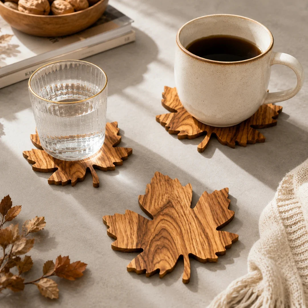 Liora Onderzetters voor Glazen - Houten, Bladvormig Design, Set van 3 3
