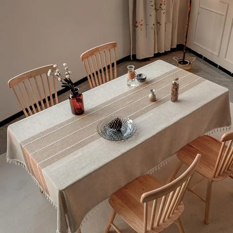 Liora Rond Tafelkleed - Linnenmix, Geometrisch Patroon met Kwastjes 1