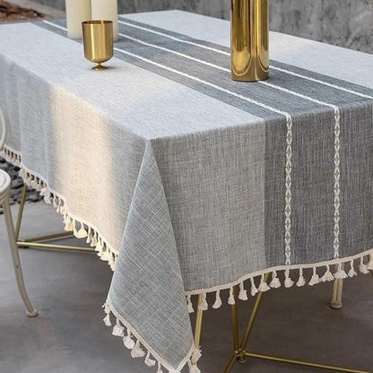 Liora Rond Tafelkleed - Linnenmix, Geometrisch Patroon met Kwastjes 3