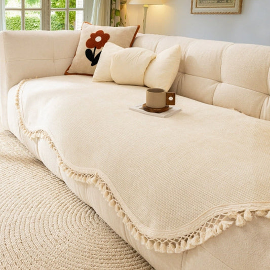 Luxe Chenille Bankhoes - Geweven Structuur met Kwastjes 0