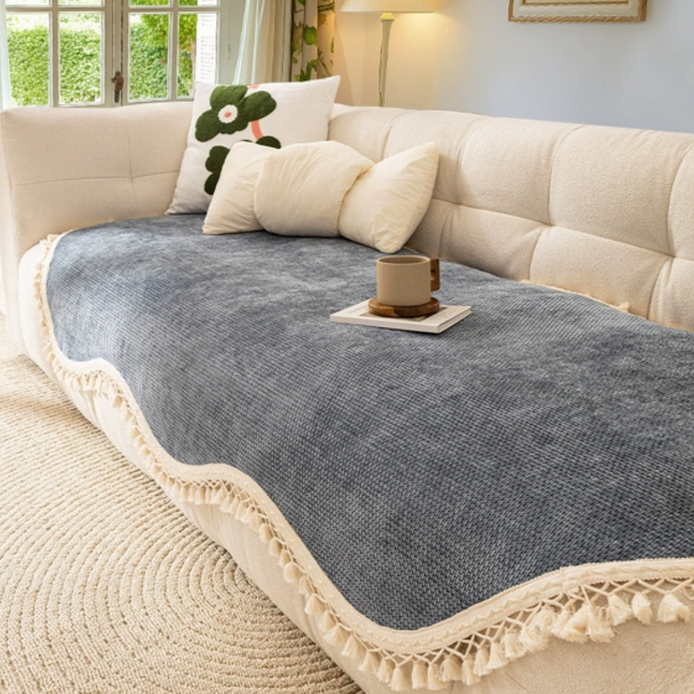 Luxe Chenille Bankhoes - Geweven Structuur met Kwastjes 4