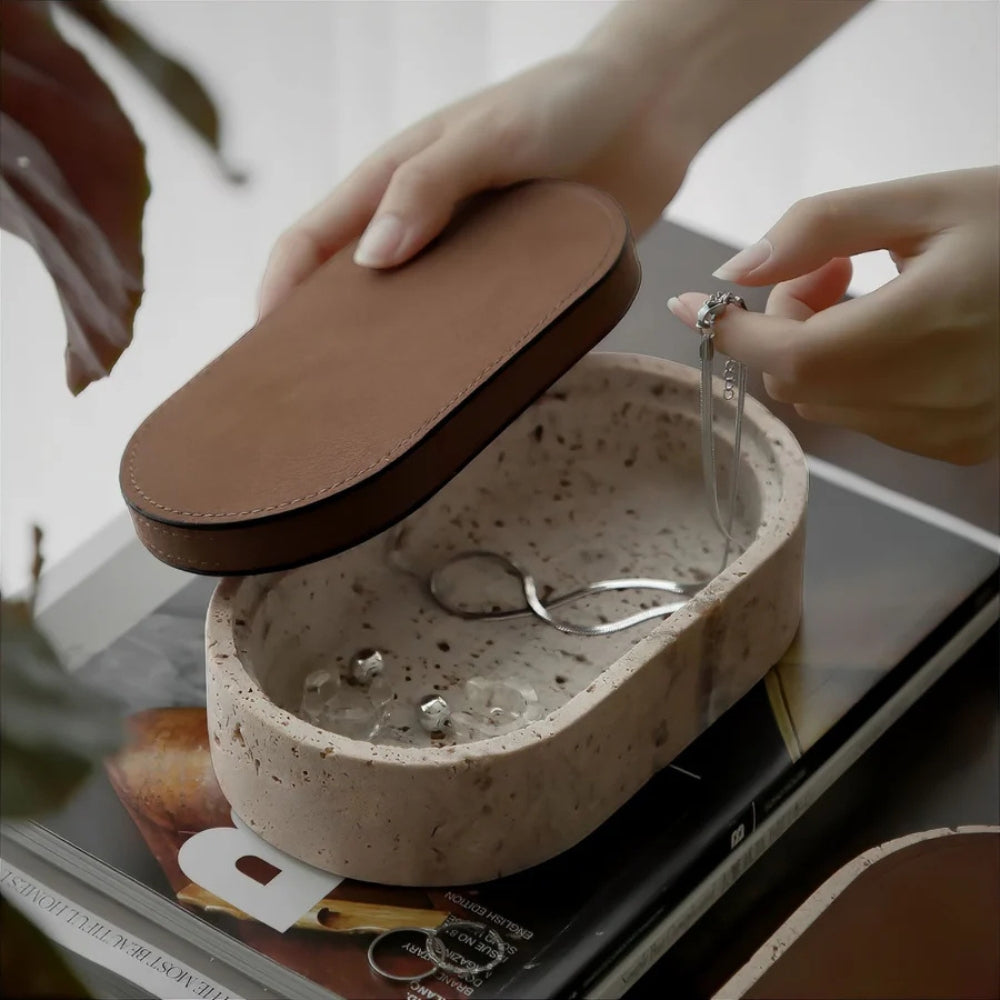 Mira Sieraden Opbergdoos - Travertijn met Lederen Deksel 1