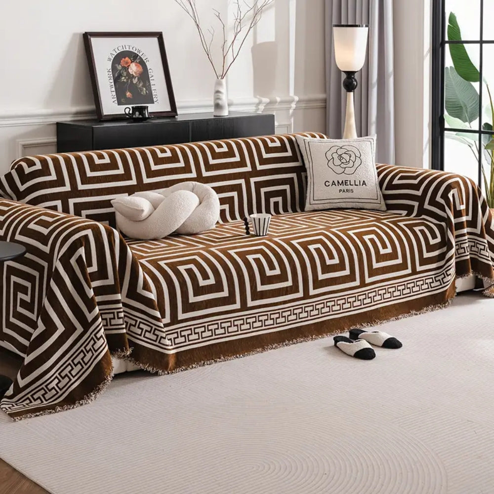 Mistral Bankhoes - Chenille met Boheemse Kwastjes, Geometrisch Patroon 0