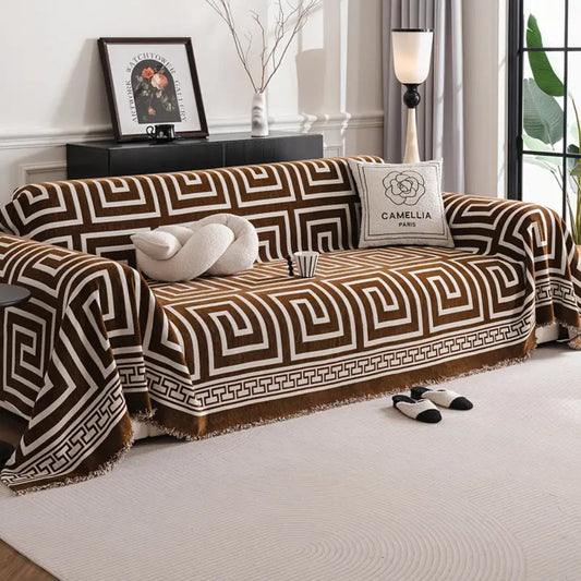 Mistral Bankhoes - Chenille met Boheemse Kwastjes, Geometrisch Patroon 0