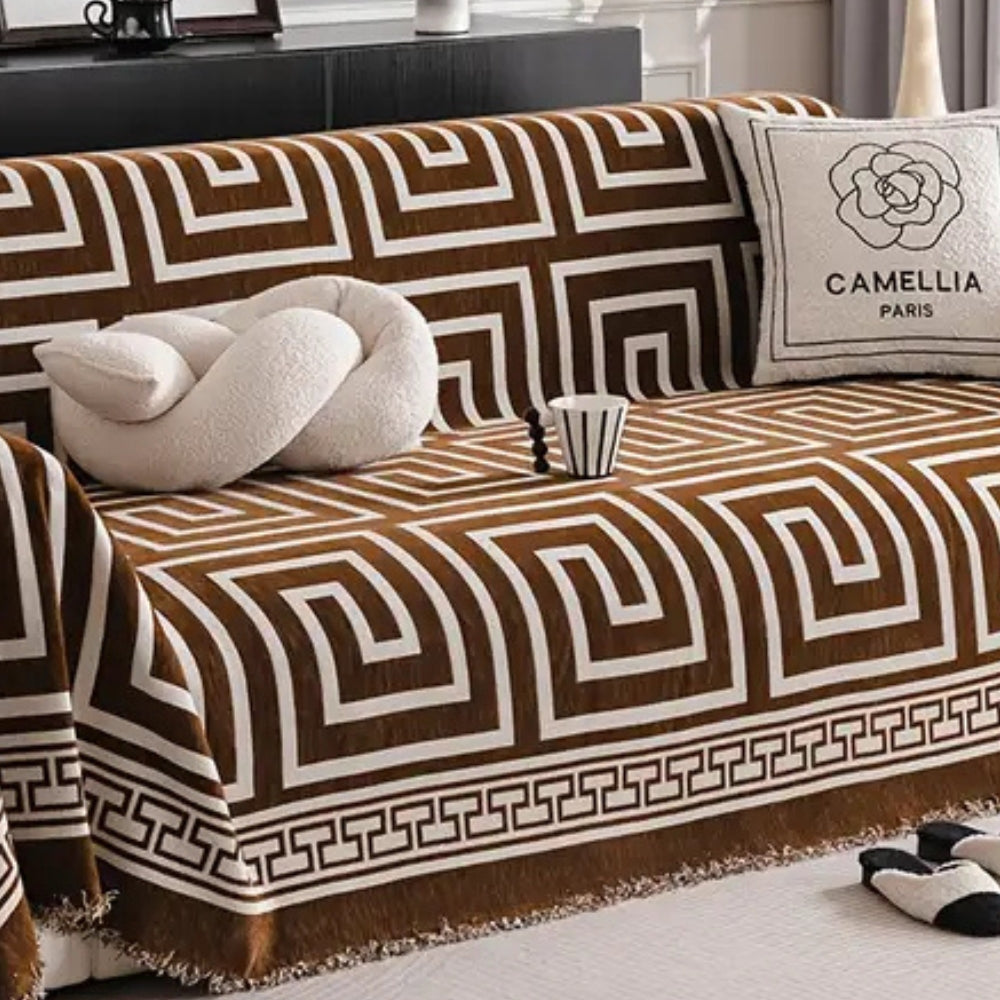 Mistral Bankhoes - Chenille met Boheemse Kwastjes, Geometrisch Patroon 2