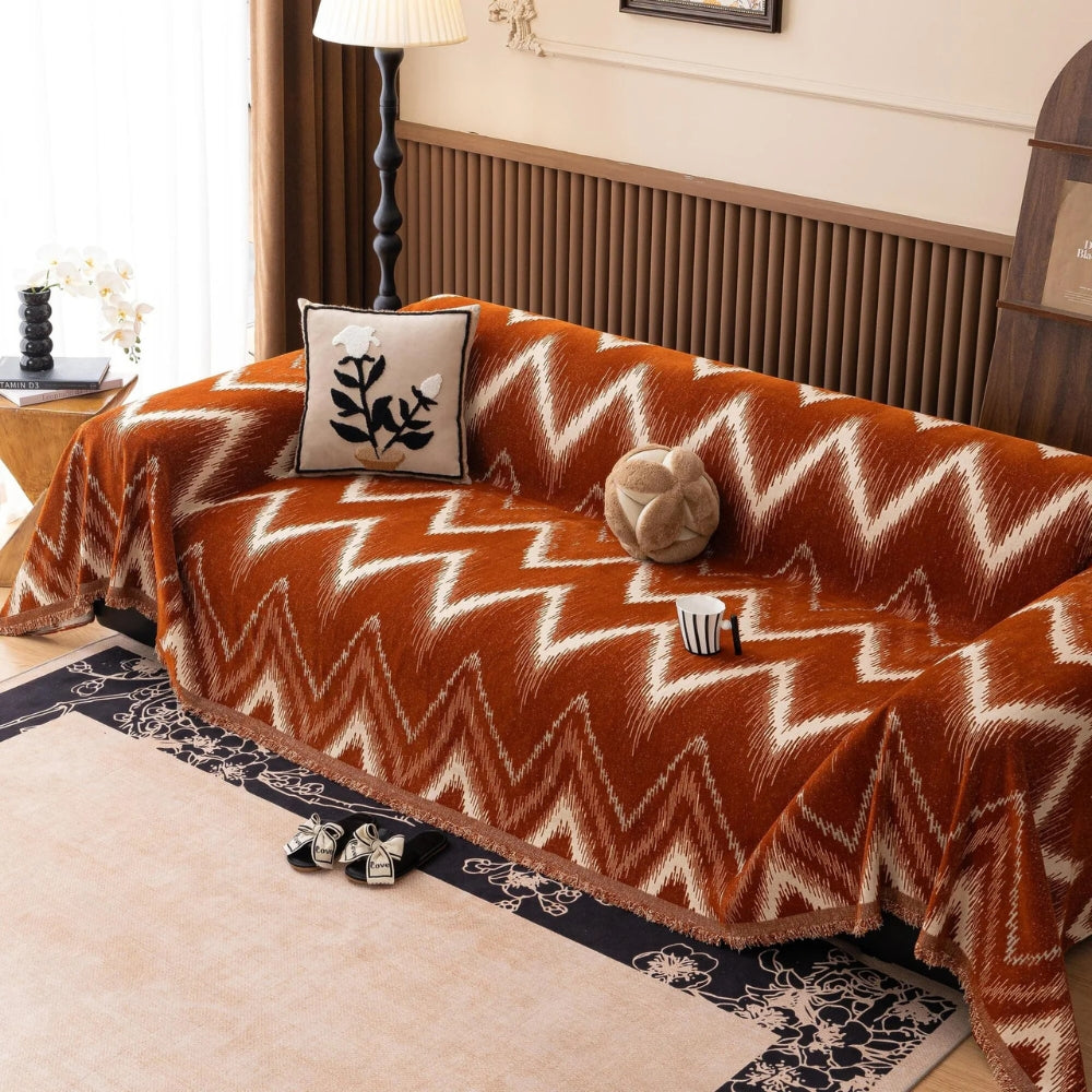 Oker Streak Bankhoes - Getextureerde Chenille, Zigzagpatroon 0