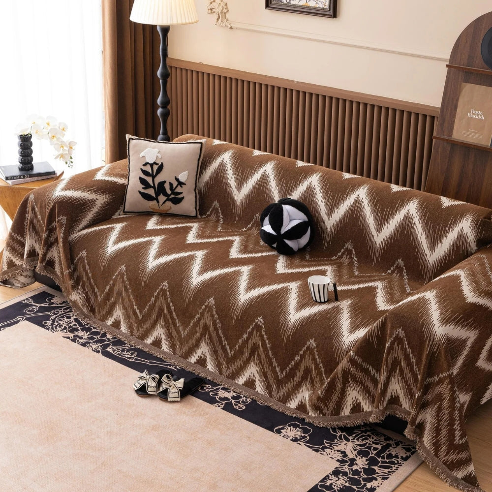 Oker Streak Bankhoes - Getextureerde Chenille, Zigzagpatroon 4