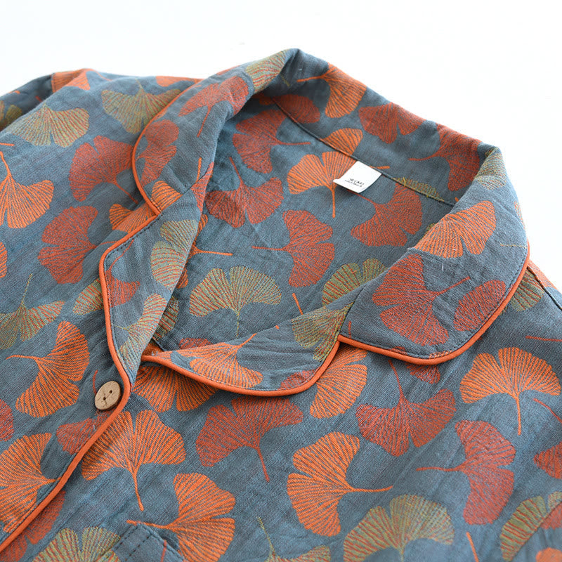 Oriana Loungewearset - Gekamd Katoen, Uniek Ginkgobladpatroon 1