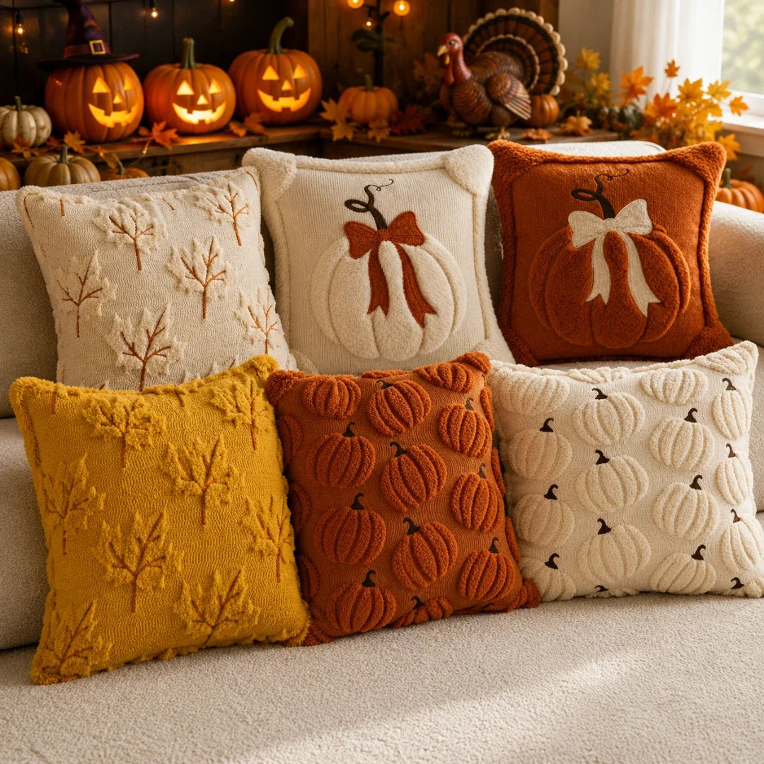 Pavo Kussenhoes - Chenille met Pompoen Design, Geschikt voor Binnenkussen 45x45 cm 1