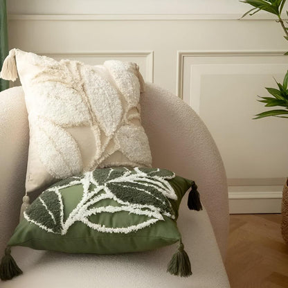 Pavo Kussenhoes 50x50 - Pluche met Bladmotief en Kwastjes 9