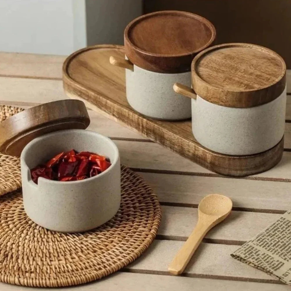 Ravello Kruidenpotjes Set - Keramiek met Houten Deksels, Elegant Ontwerp 1