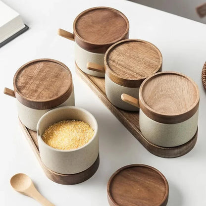 Ravello Kruidenpotjes Set - Keramiek met Houten Deksels, Elegant Ontwerp 6