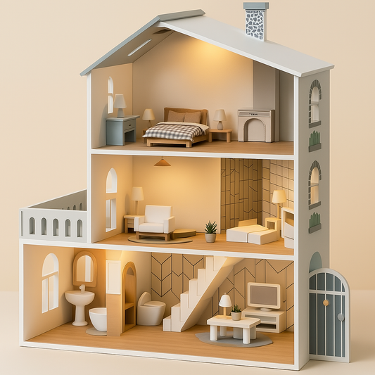 RoomyHaven™ – Houten Poppenhuis met 6 Kamers – Creatief Speelhuis voor Kinderen