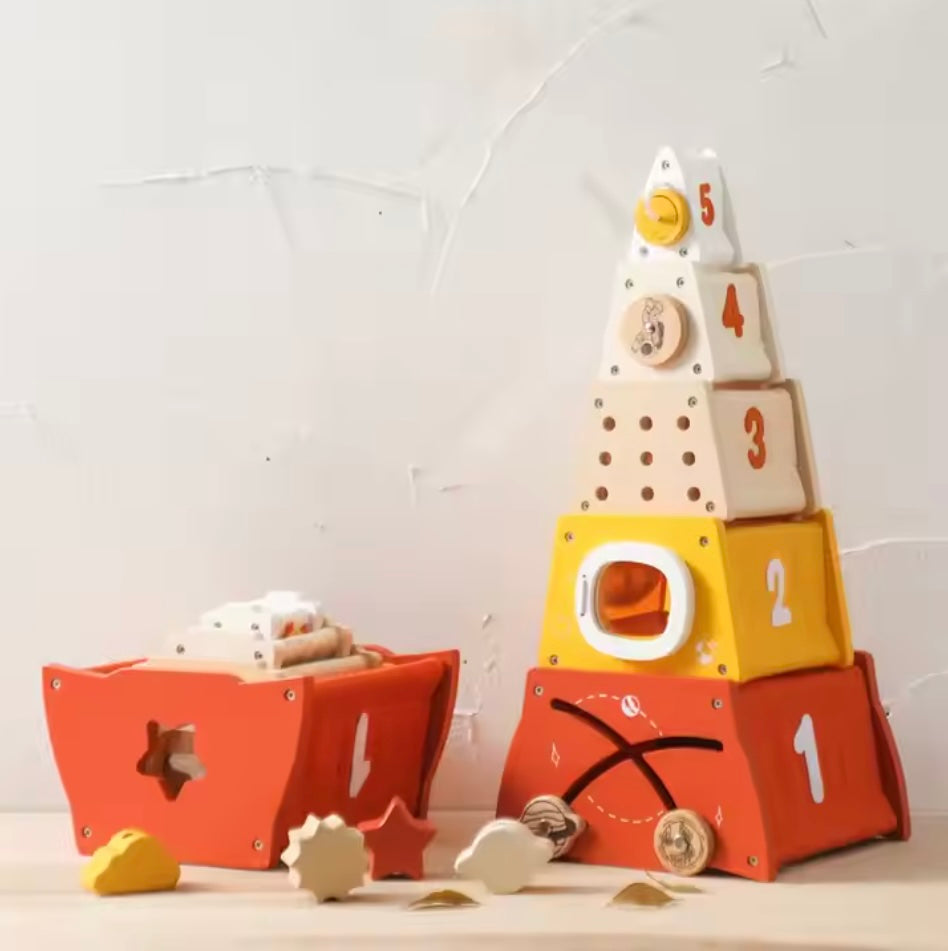 Stack & Launch™ – Educatief houten speelgoed raket - Cijfers en vormen
