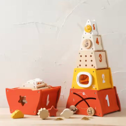 Stack & Launch™ – Educatief houten speelgoed raket - Cijfers en vormen
