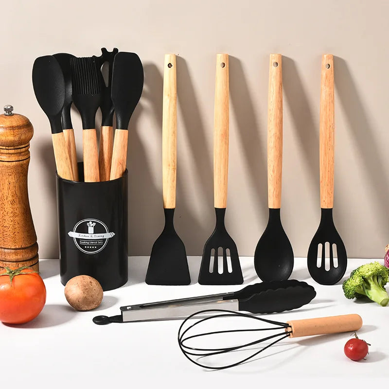 Kitchenora™ – Siliconen Keukengerei Set – Met Houten Handgrepen
