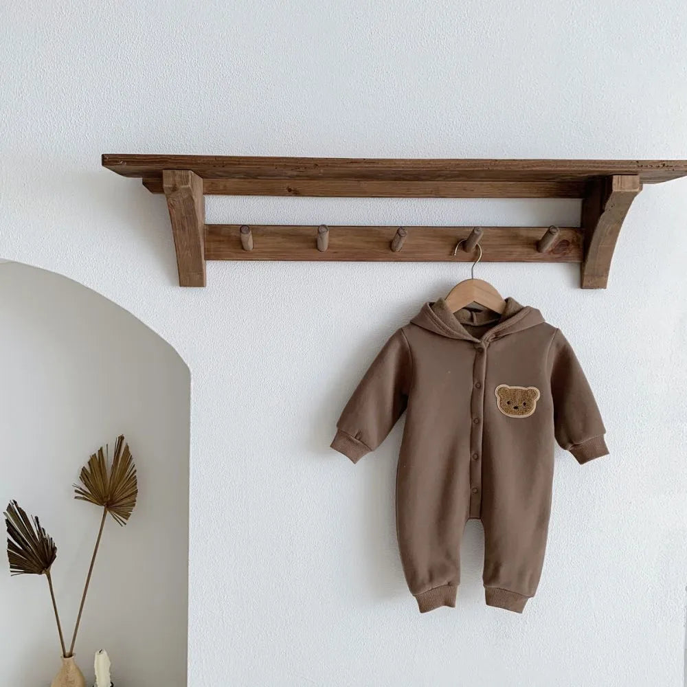 SnugBear™ – Gebreide Playsuit met Capuchon en Oortjes – Warme Baby Outfit