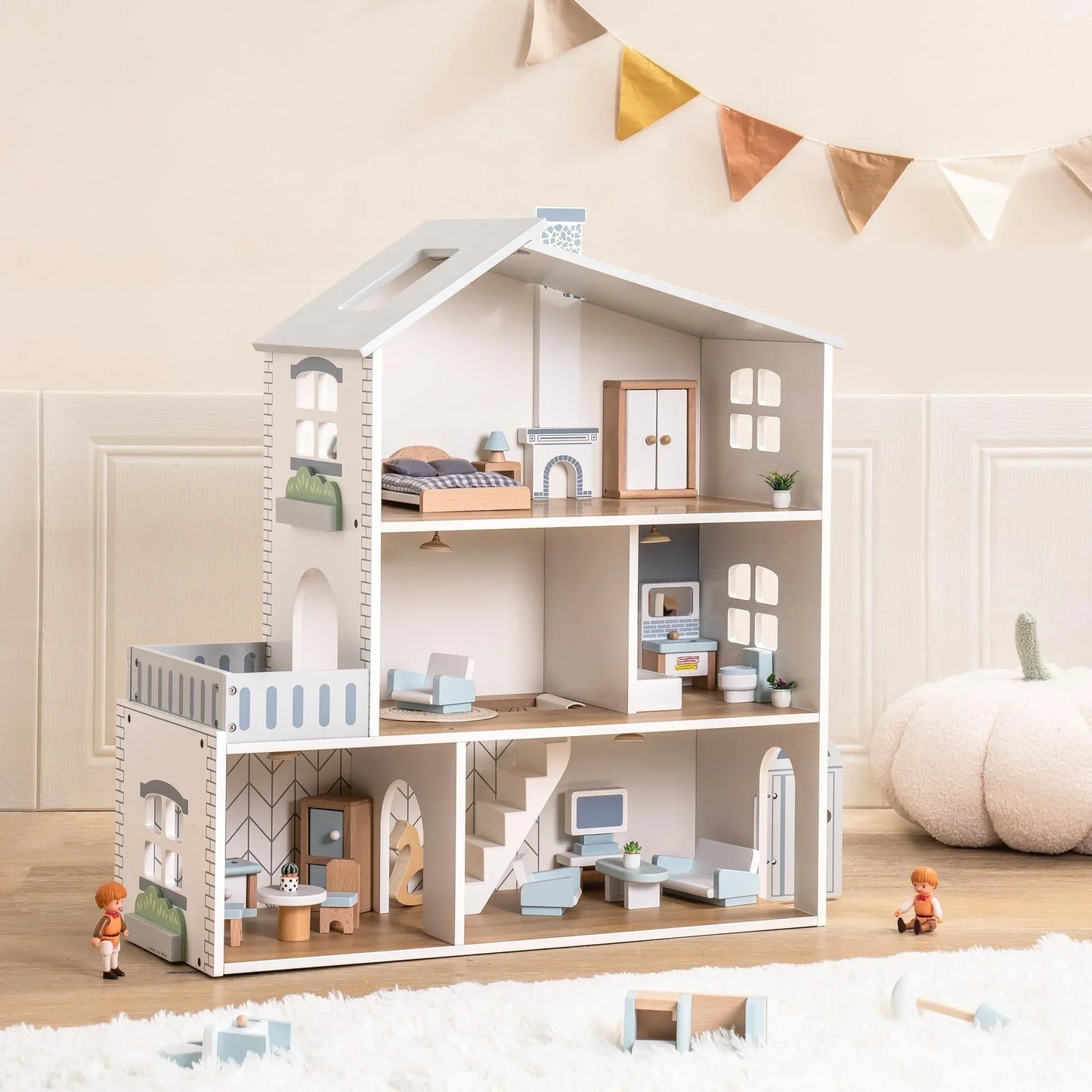 RoomyHaven™ – Houten Poppenhuis met 6 Kamers – Creatief Speelhuis voor Kinderen