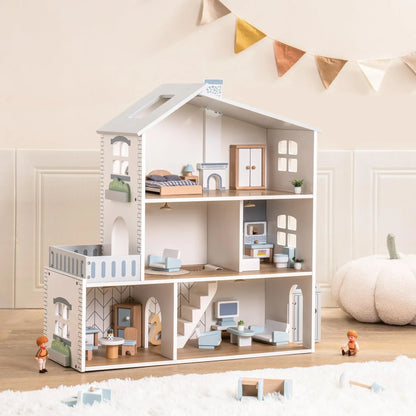 RoomyHaven™ – Houten Poppenhuis met 6 Kamers – Creatief Speelhuis voor Kinderen