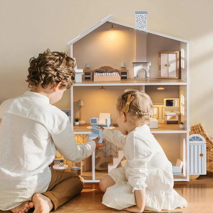 RoomyHaven™ – Houten Poppenhuis met 6 Kamers – Creatief Speelhuis voor Kinderen
