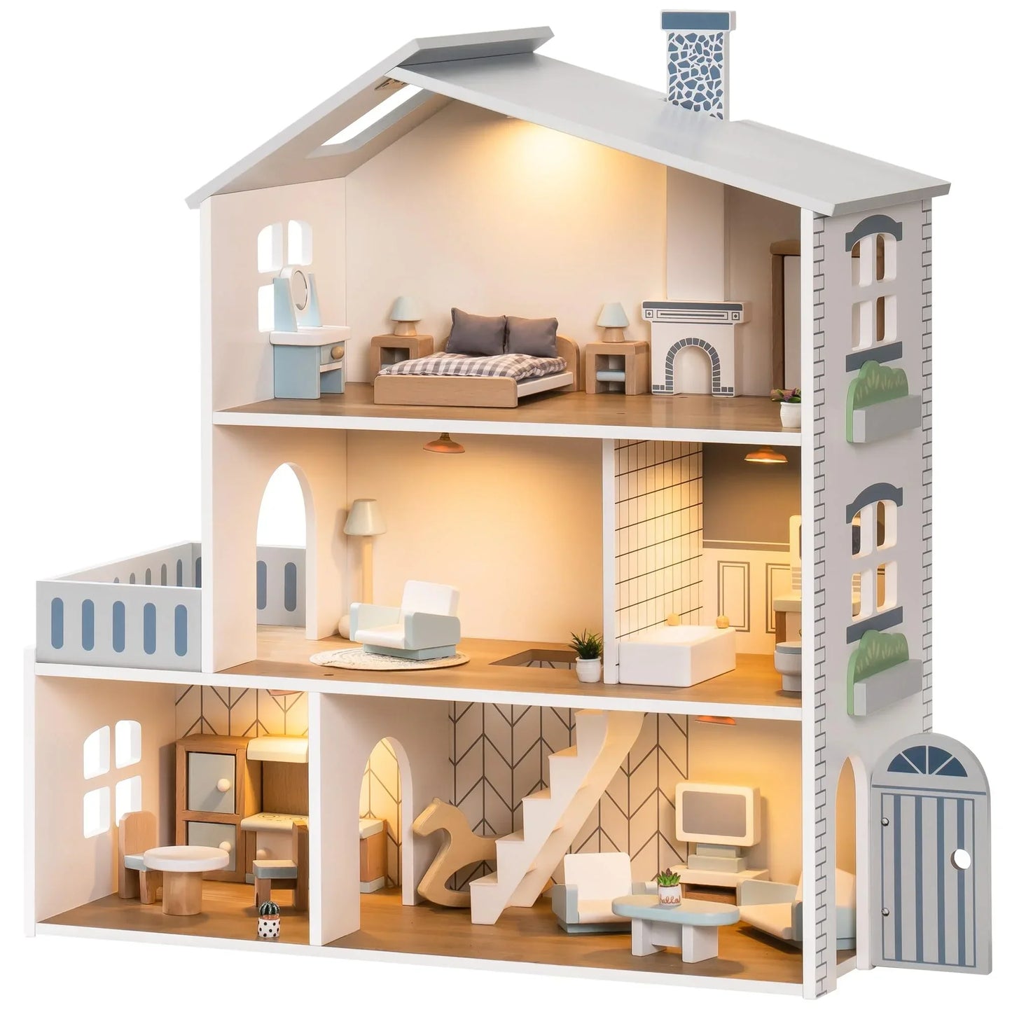 RoomyHaven™ – Houten Poppenhuis met 6 Kamers – Creatief Speelhuis voor Kinderen