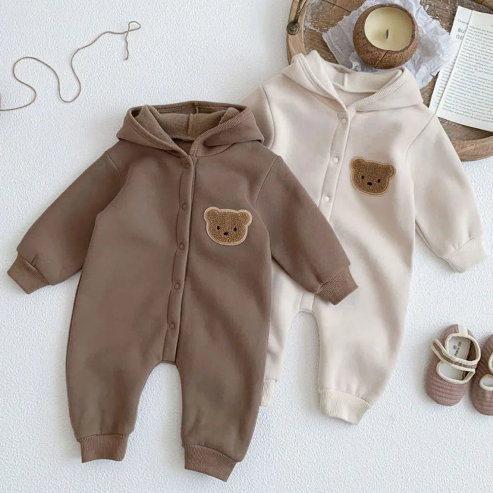SnugBear™ – Gebreide Playsuit met Capuchon en Oortjes – Warme Baby Outfit