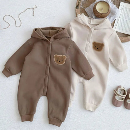 SnugBear™ – Gebreide Playsuit met Capuchon en Oortjes – Warme Baby Outfit