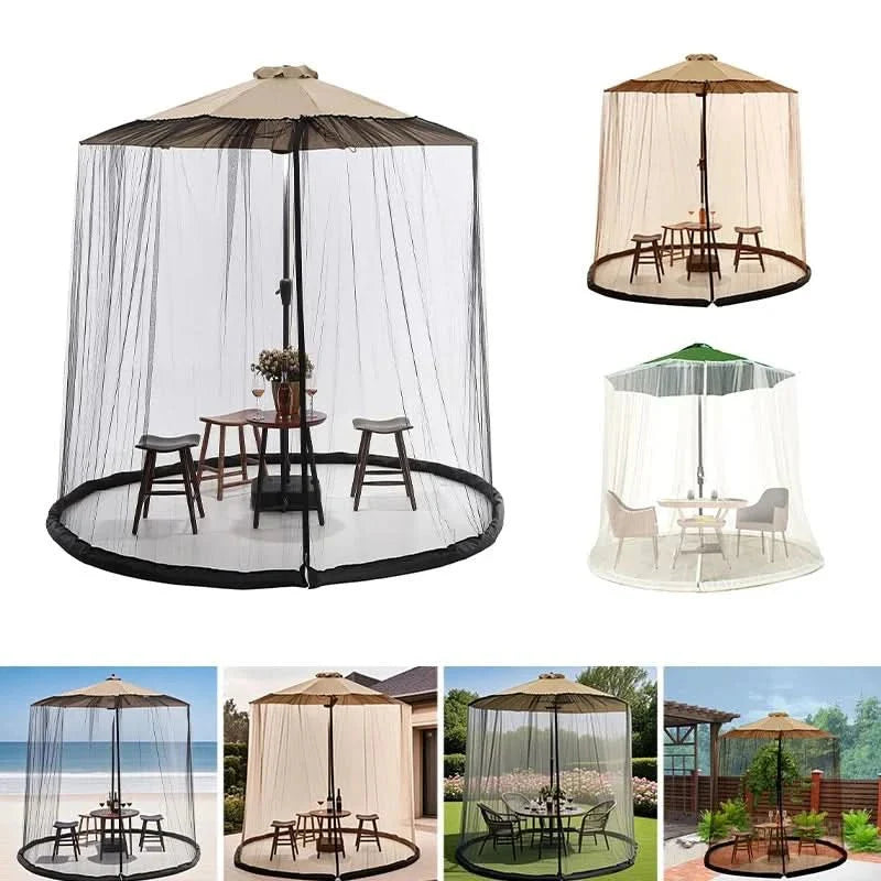 MosquitoGuardZip™ – Verstelbaar Parasol Muggennet – Insectvrij Buiten Zitten