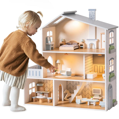 RoomyHaven™ – Houten Poppenhuis met 6 Kamers – Creatief Speelhuis voor Kinderen