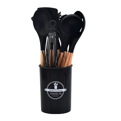 CulinWoodSilico™ – 12-Delige Siliconen Keukengerei Set – Hittebestendig Tot 230°C
