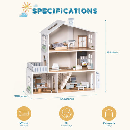 RoomyHaven™ – Houten Poppenhuis met 6 Kamers – Creatief Speelhuis voor Kinderen