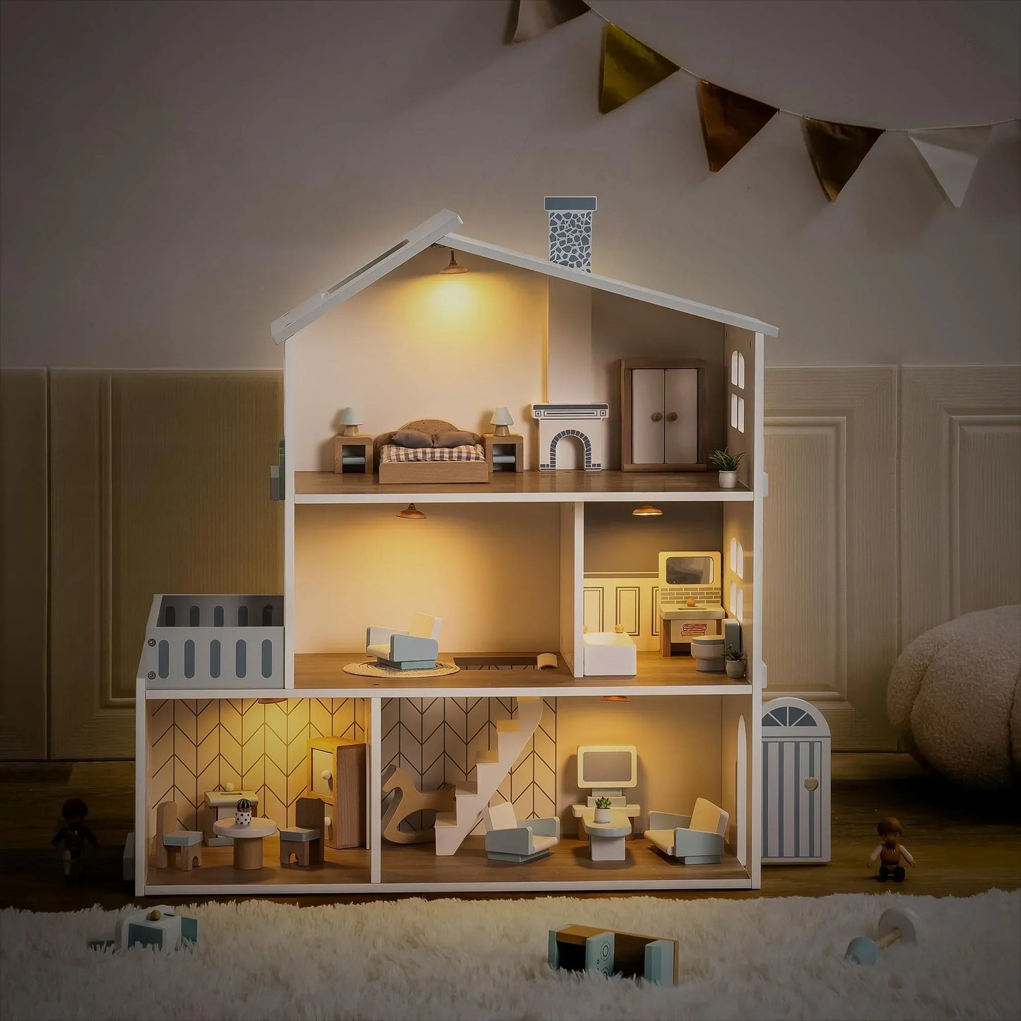 RoomyHaven™ – Houten Poppenhuis met 6 Kamers – Creatief Speelhuis voor Kinderen