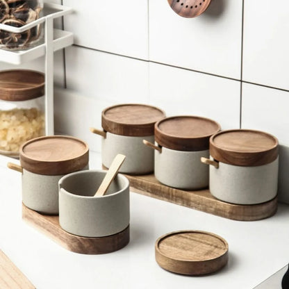 Sento Kruidenpotjes Set - Keramiek met Bamboe Deksel, Organiseer Uw Keuken 1
