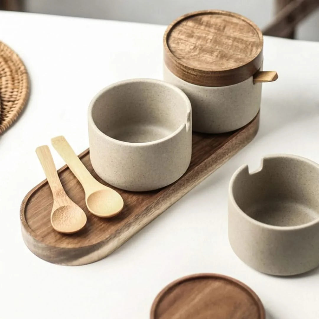 Sento Kruidenpotjes Set - Keramiek met Bamboe Deksel, Organiseer Uw Keuken 2