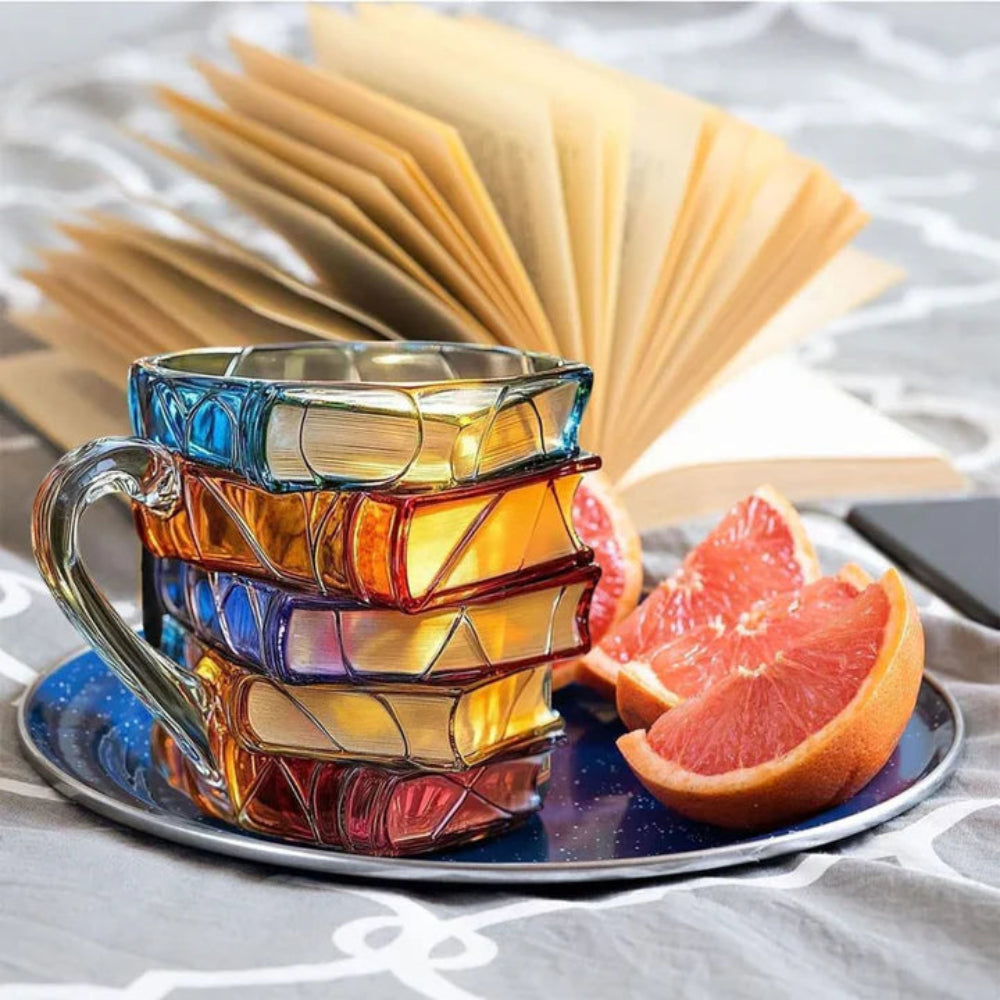 BookBrewGlass™ – 350 ml 3D Boekglas Mok – Handgemaakte Koffie & Thee Cup