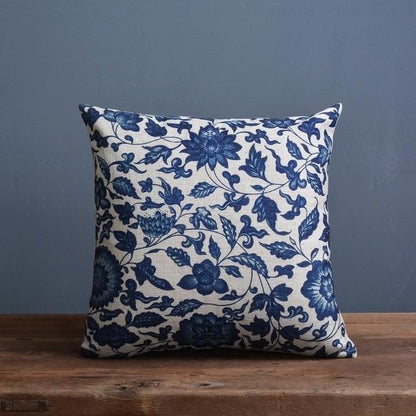 Timo Kussenhoes 45x45 - Linnen-Katoenmix met Blauw-Beige Porseleinprint 0