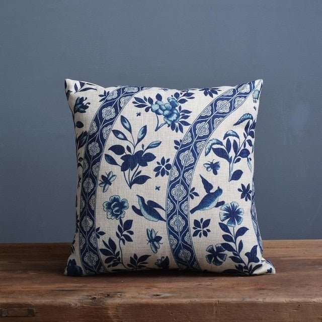 Timo Kussenhoes 45x45 - Linnen-Katoenmix met Blauw-Beige Porseleinprint 2