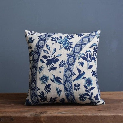 Timo Kussenhoes 45x45 - Linnen-Katoenmix met Blauw-Beige Porseleinprint 2