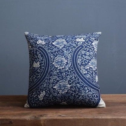 Timo Kussenhoes 45x45 - Linnen-Katoenmix met Blauw-Beige Porseleinprint 3