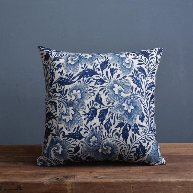 Timo Kussenhoes 45x45 - Linnen-Katoenmix met Blauw-Beige Porseleinprint 4