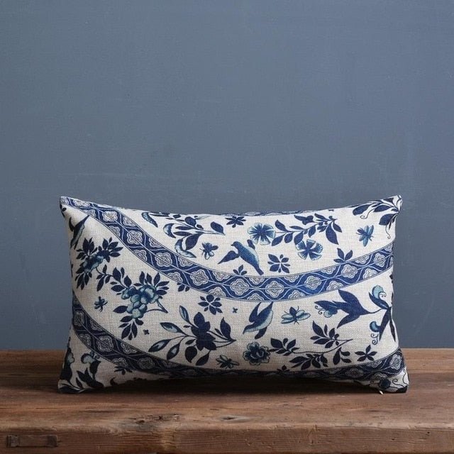 Timo Kussenhoes 45x45 - Linnen-Katoenmix met Blauw-Beige Porseleinprint 5