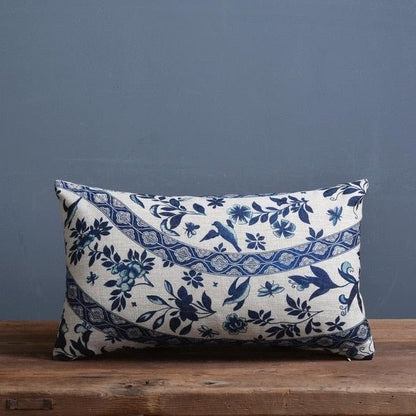 Timo Kussenhoes 45x45 - Linnen-Katoenmix met Blauw-Beige Porseleinprint 5