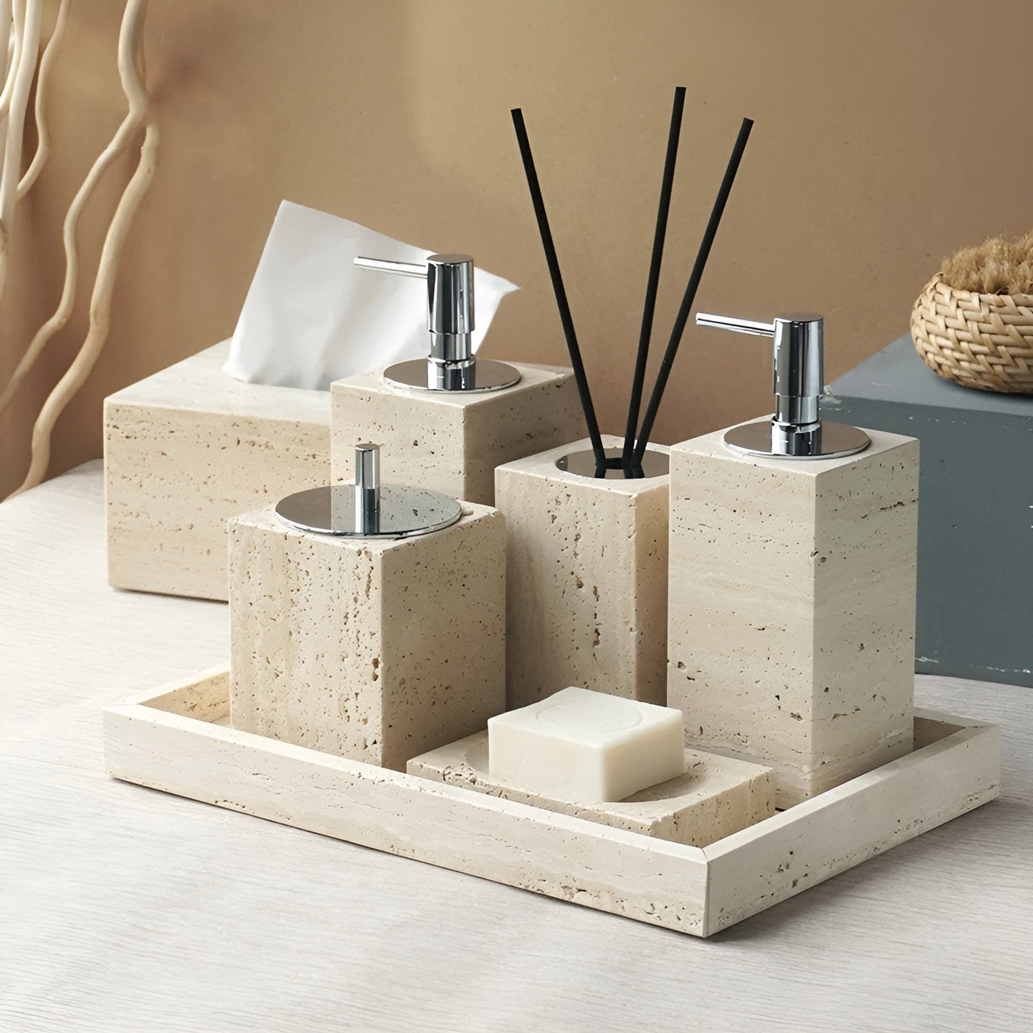 Trevano Badkamerset - Natuursteen Beige, Stijlvolle Accessoires 2