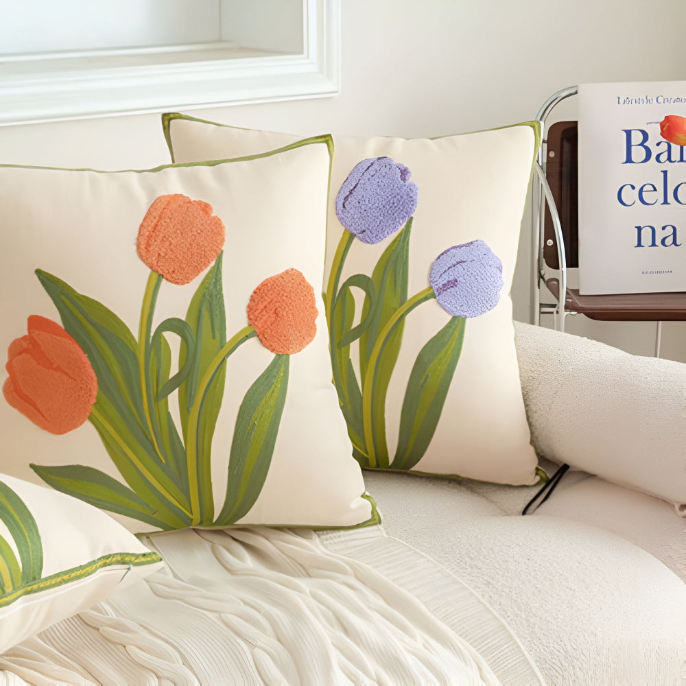 Tulina Kussenhoes 50x50 - Katoen, Geborduurd Tulpen Motief 7