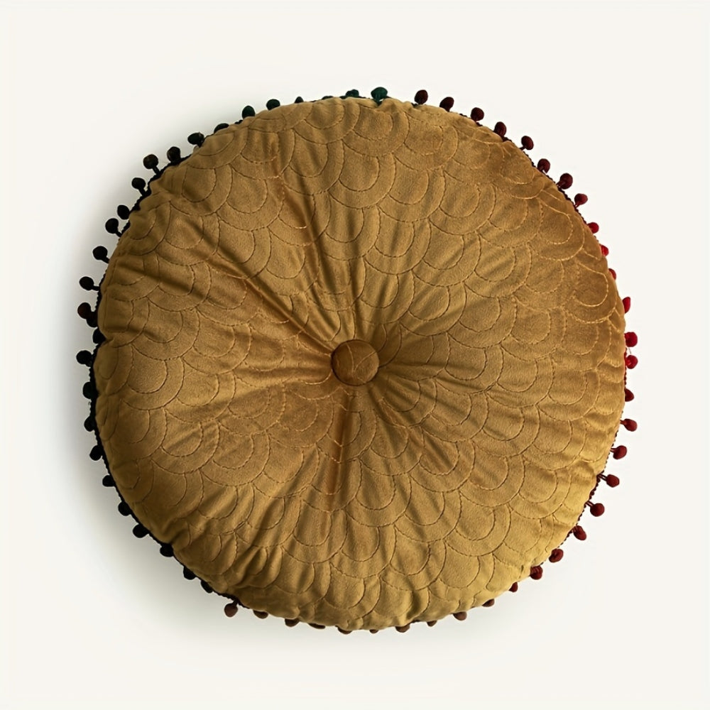 Vellora Rond Kussen - Vintage Gewatteerd Fluweel, Met Pompons 0