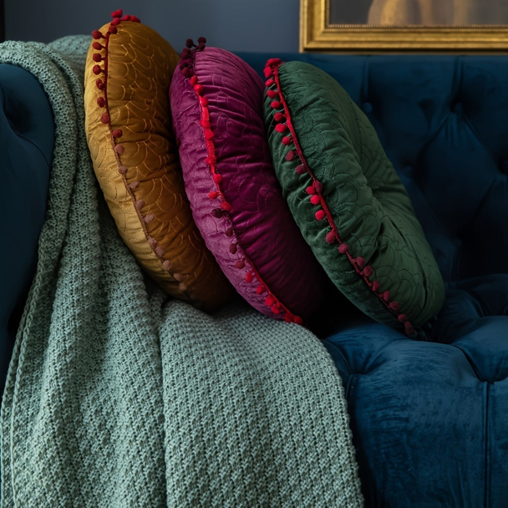 Vellora Rond Kussen - Vintage Gewatteerd Fluweel, Met Pompons 1