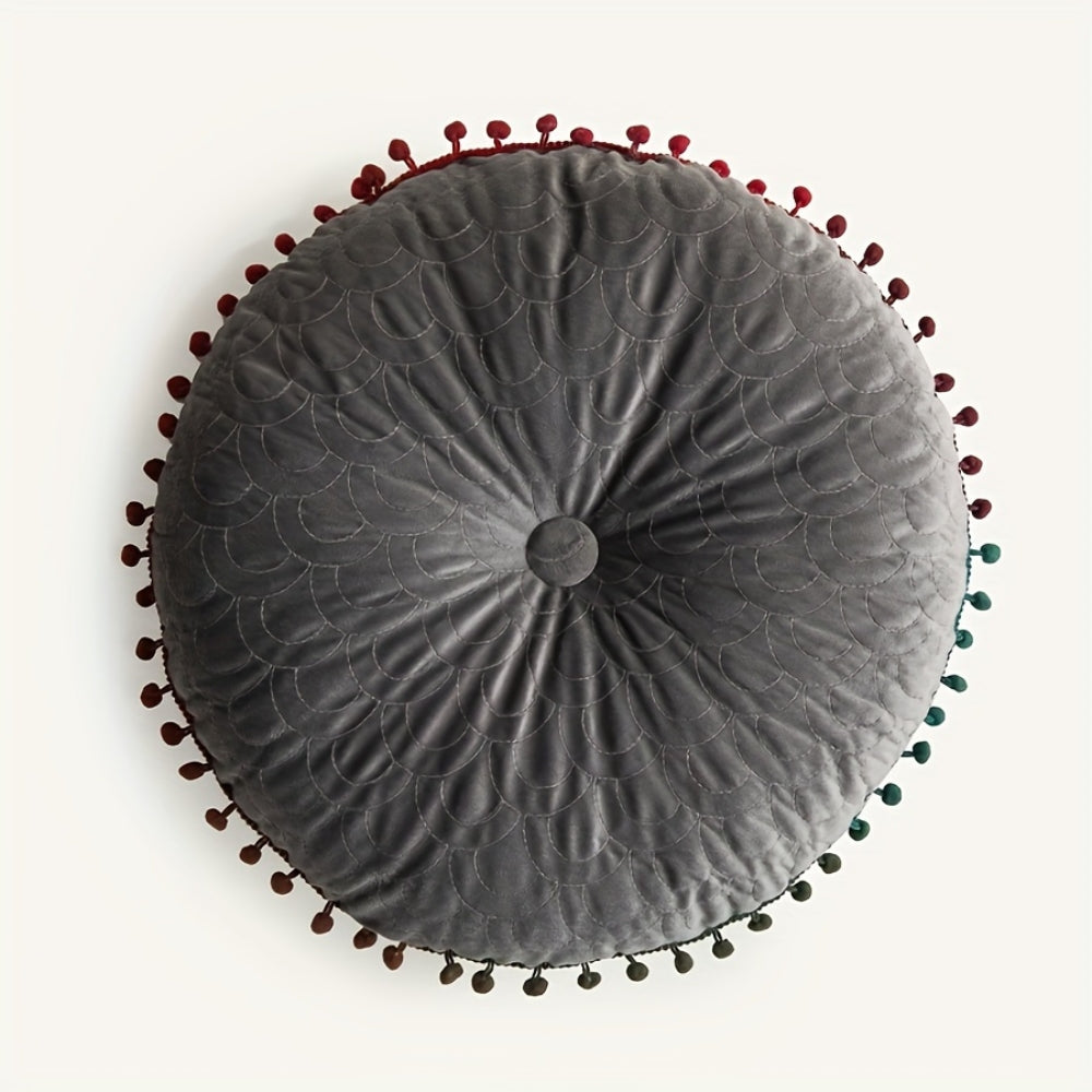 Vellora Rond Kussen - Vintage Gewatteerd Fluweel, Met Pompons 11