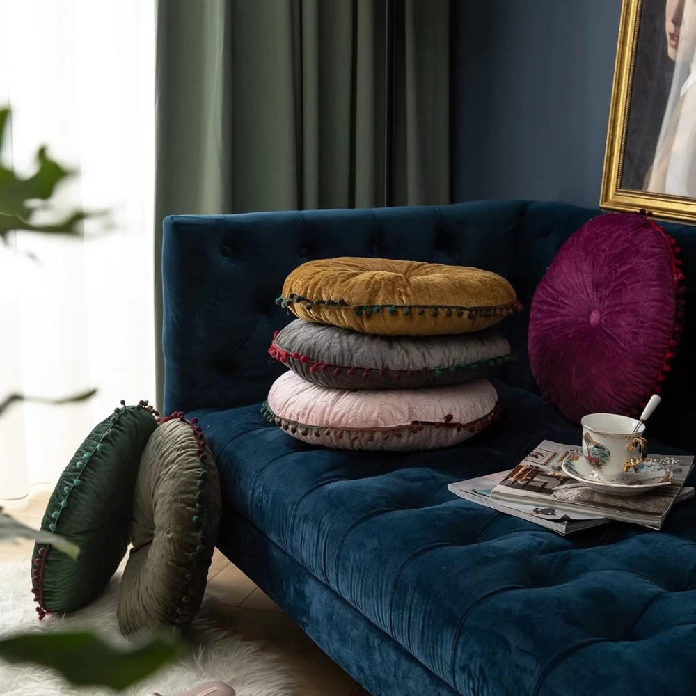 Vellora Rond Kussen - Vintage Gewatteerd Fluweel, Met Pompons 2